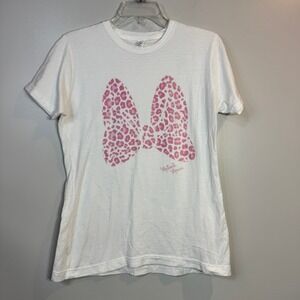Disney Minnie Mouse Leopard Print Bow Graphic Tee Shirt Women's Medium White